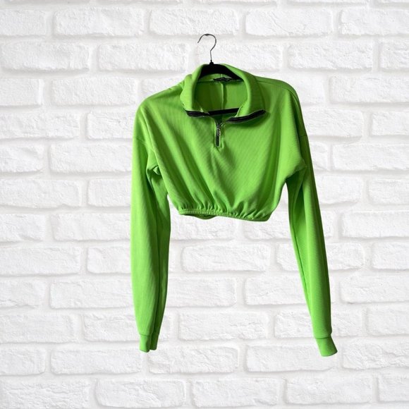 US 2 | Pretty Little Thing Lime Green Quarter Zip Long Sleeve Sweater Crop Top - Picture 1 of 3